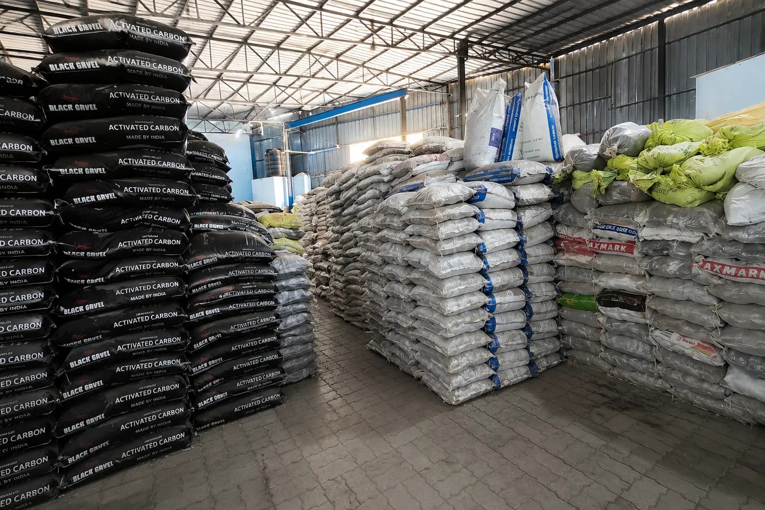 Filter media warehouse stacked with supply bags
