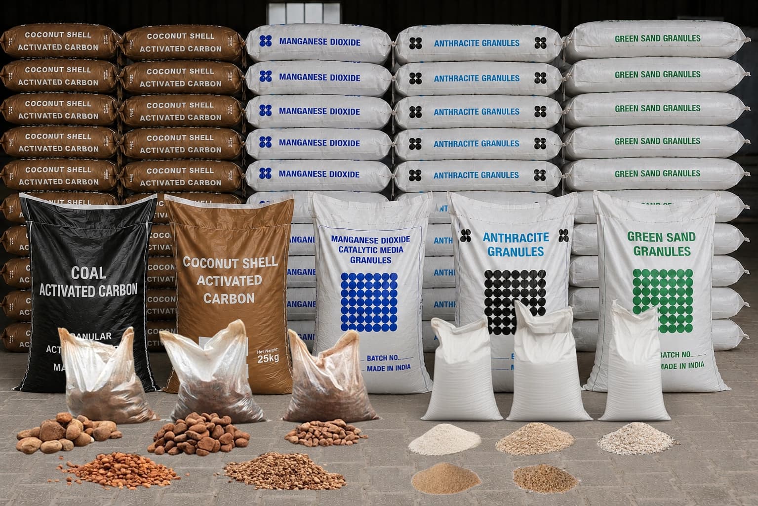 Bulk activated carbon and filter media bags with sample piles