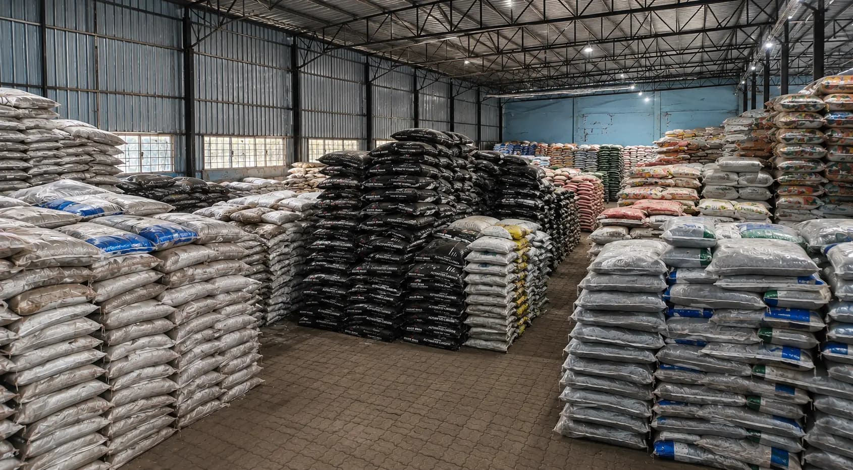 Stacked filter media bags in an Indian warehouse